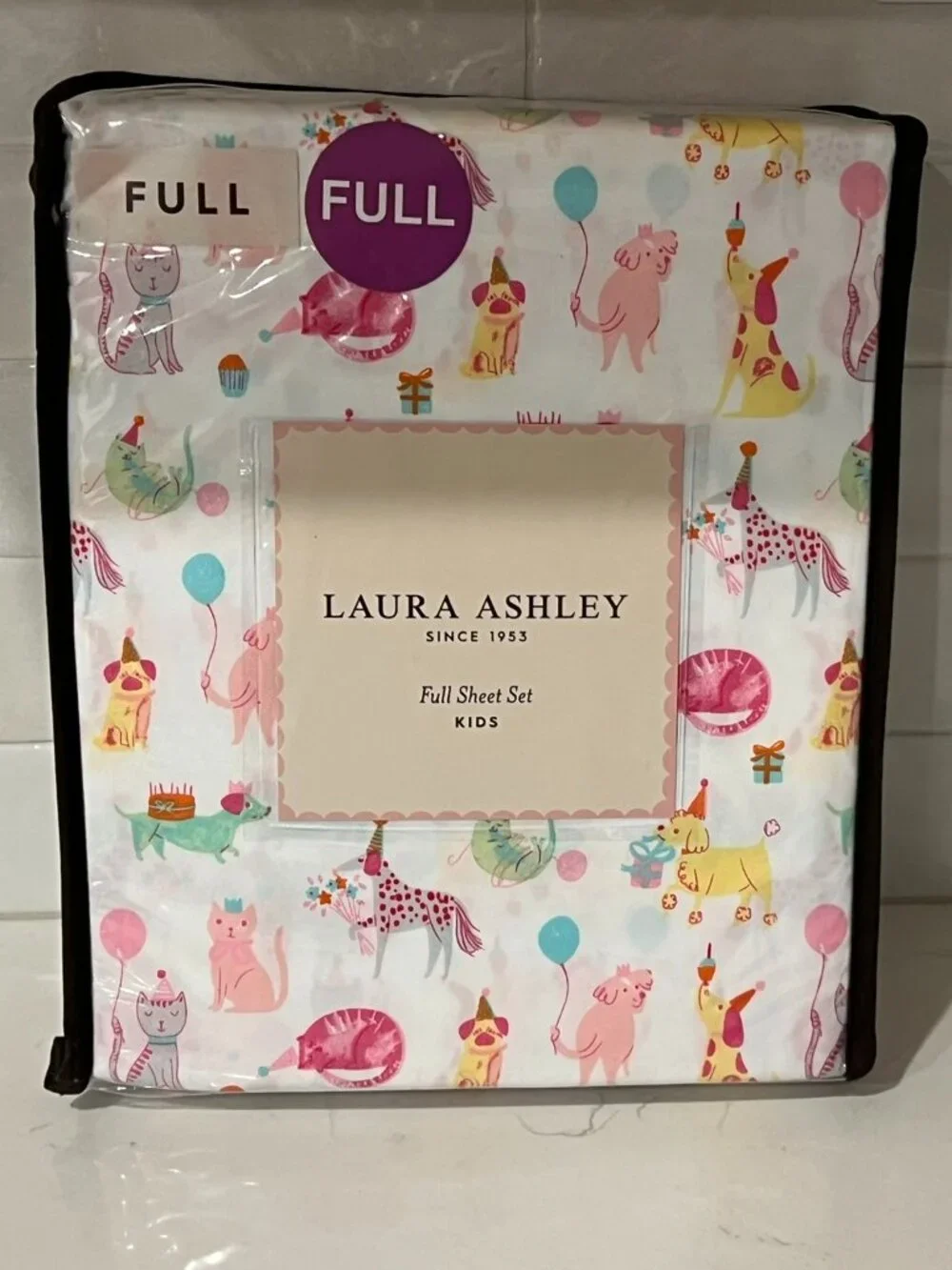 LAURA ASHLEY KIDS FULL White PARTY ANIMALS Sheet Set 4pc Dog Cat Pug Dachshund
